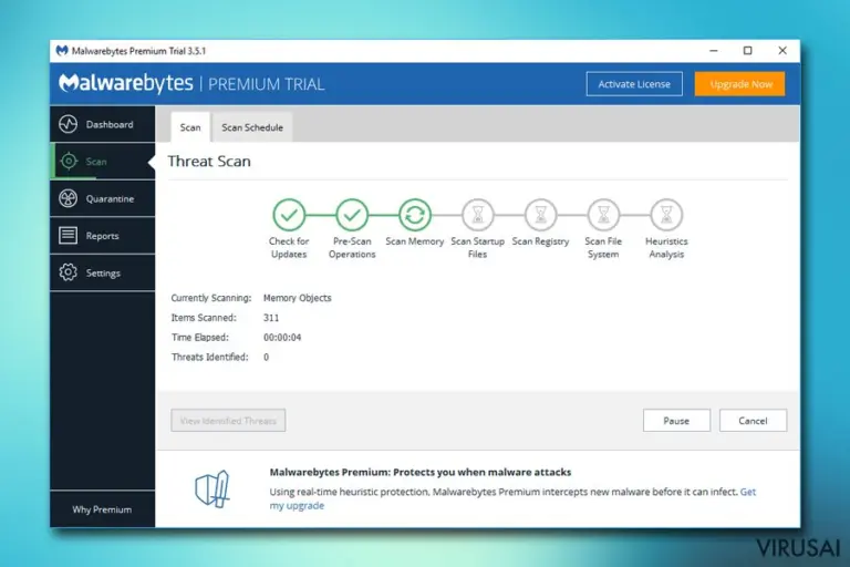 Malwarebytes atliekama virusų paieška