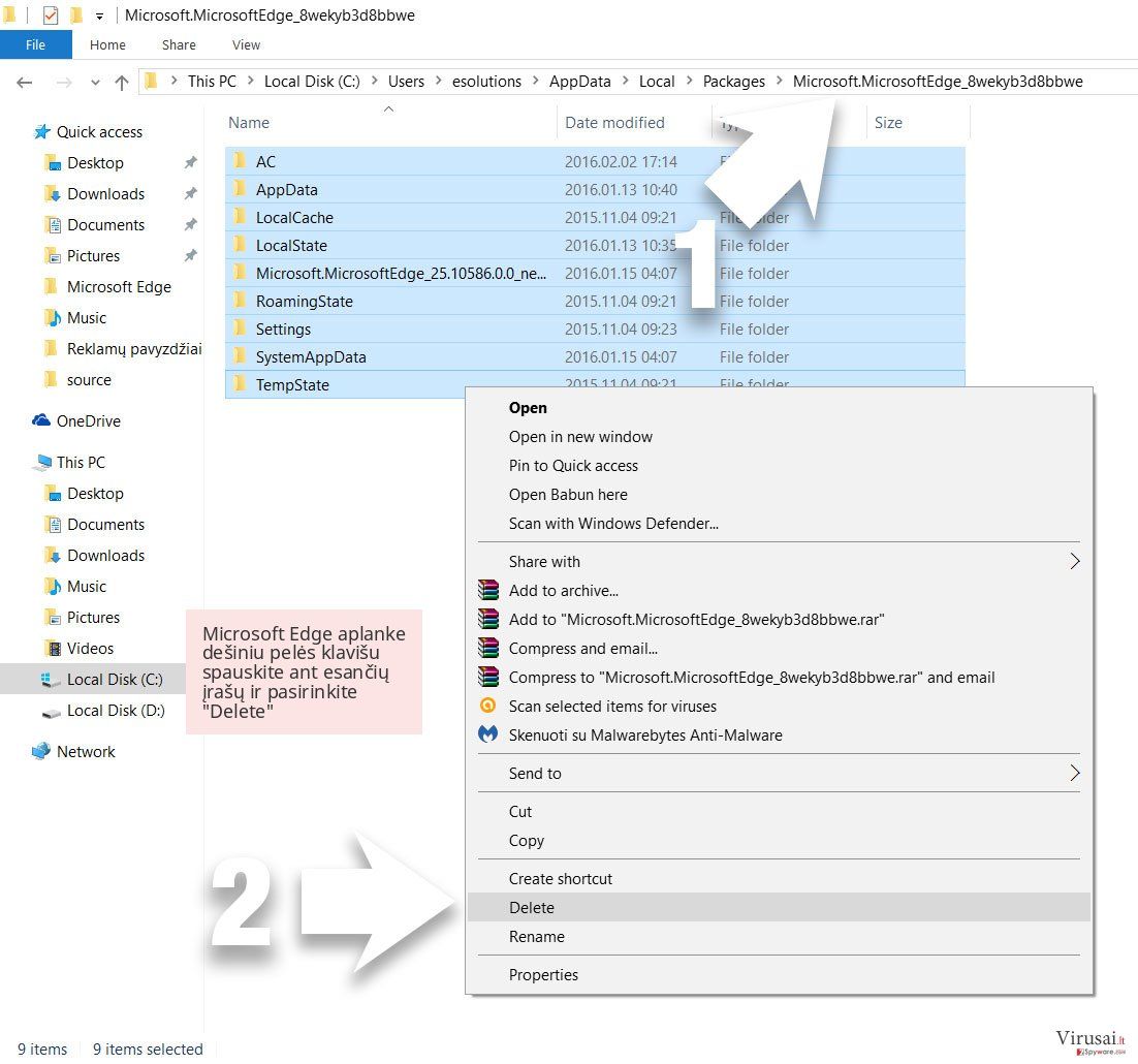 Microsoft Edge aplanke dešiniu pelės klavišu spauskite ant esančių įrašų ir pasirinkite 'Delete' Microsoft Edge aplanke dešiniu pelės klavišu spauskite ant esančių įrašų ir pasirinkite 'Delete'