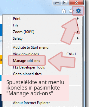 Spustelėkite ant meniu ikonėlės ir pasirinkite 'Manage add-ons' Spustelėkite ant meniu ikonėlės ir pasirinkite 'Manage add-ons'