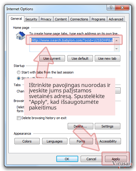 Ištrinkite pavojingas nuorodas ir įveskite jums pažįstamos svetainės adresą. Spustelėkite 'Apply', kad išsaugotumėte pakeitimus Ištrinkite pavojingas nuorodas ir įveskite jums pažįstamos svetainės adresą. Spustelėkite 'Apply', kad išsaugotumėte pakeitimus