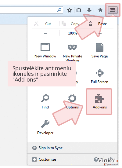 Spustelėkite ant meniu ikonėlės ir pasirinkite 'Add-ons' Spustelėkite ant meniu ikonėlės ir pasirinkite 'Add-ons'