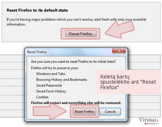 Keletą kartų spustelėkite ant 'Reset Firefox' Keletą kartų spustelėkite ant 'Reset Firefox'