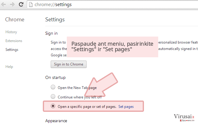 Paspaudę ant meniu, pasirinkite 'Settings' ir 'Set pages' Paspaudę ant meniu, pasirinkite 'Settings' ir 'Set pages'