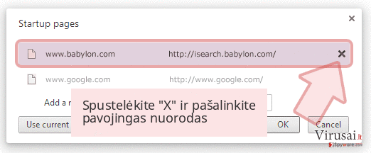 Spustelėkite 'X' ir pašalinkite pavojingas nuorodas Spustelėkite 'X' ir pašalinkite pavojingas nuorodas