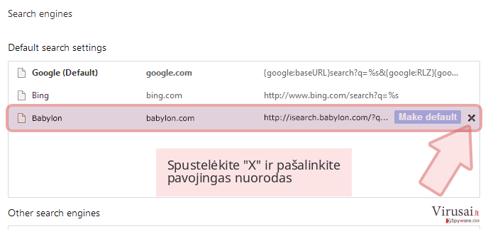 Spustelėkite 'X' ir pašalinkite pavojingas nuorodas Spustelėkite 'X' ir pašalinkite pavojingas nuorodas