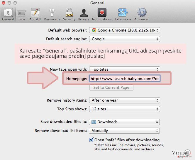 Kai esate 'General', pašalinkite kenksmingą URL adresą ir įveskite savo pageidaujamą pradinį puslapį Kai esate 'General', pašalinkite kenksmingą URL adresą ir įveskite savo pageidaujamą pradinį puslapį
