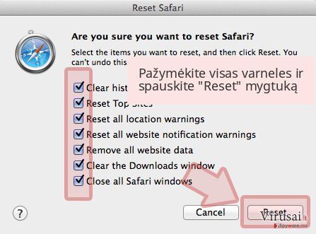 Pažymėkite visas varneles ir spauskite 'Reset' mygtuką Pažymėkite visas varneles ir spauskite 'Reset' mygtuką