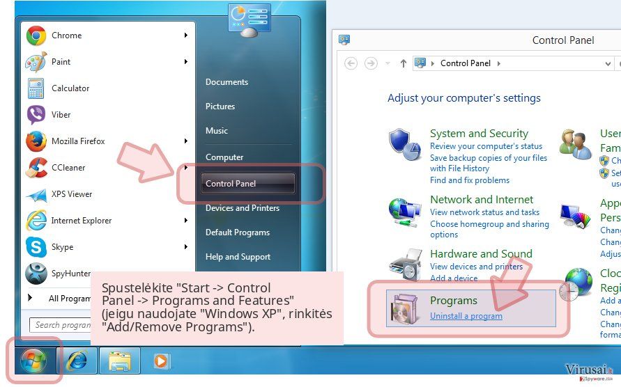 Spustelėkite 'Start -> Control Panel -> Programs and Features' (jeigu naudojate 'Windows XP', rinkitės 'Add/Remove Programs'). Spustelėkite 'Start -> Control Panel -> Programs and Features' (jeigu naudojate 'Windows XP', rinkitės 'Add/Remove Programs').