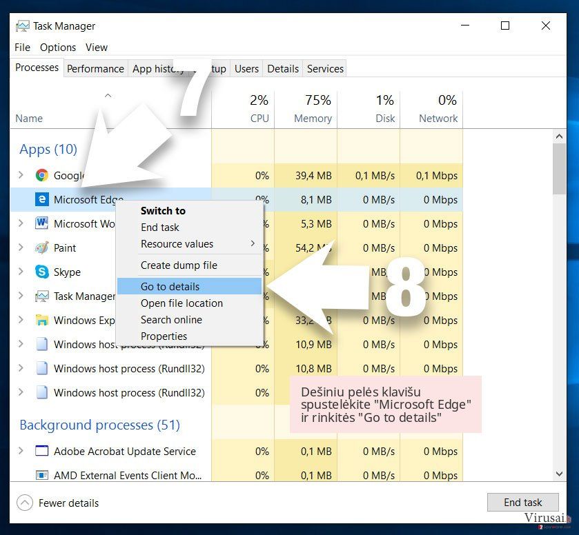 Dešiniu pelės klavišu spustelėkite 'Microsoft Edge' ir rinkitės 'Go to details' Dešiniu pelės klavišu spustelėkite 'Microsoft Edge' ir rinkitės 'Go to details'
