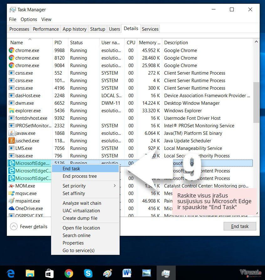 Raskite visus įrašus susijusius su Microsoft Edge ir spauskite 'End Task' Raskite visus įrašus susijusius su Microsoft Edge ir spauskite 'End Task'