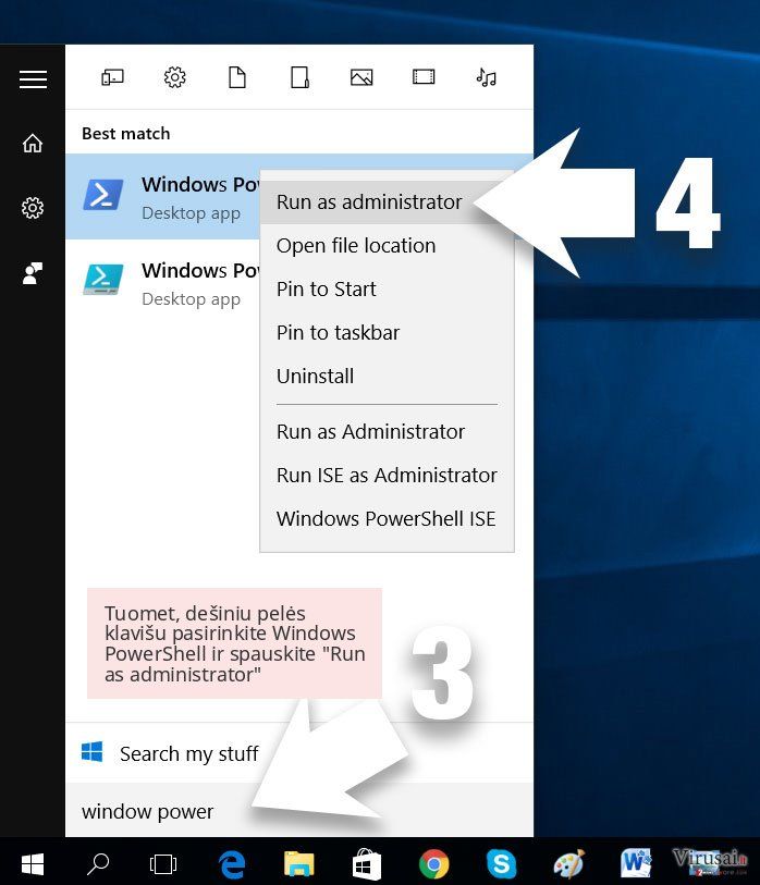 Tuomet, dešiniu pelės klavišu pasirinkite Windows PowerShell ir spauskite 'Run as administrator' Tuomet, dešiniu pelės klavišu pasirinkite Windows PowerShell ir spauskite 'Run as administrator'