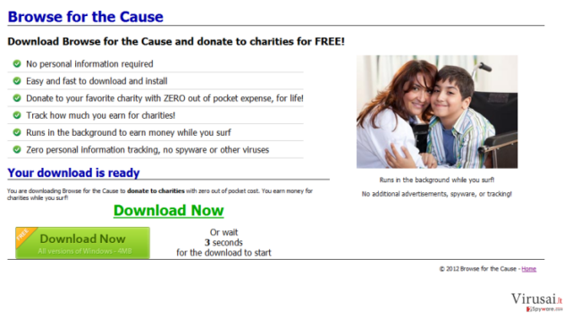 BrowseForTheCause virusas yra adware tipo programa