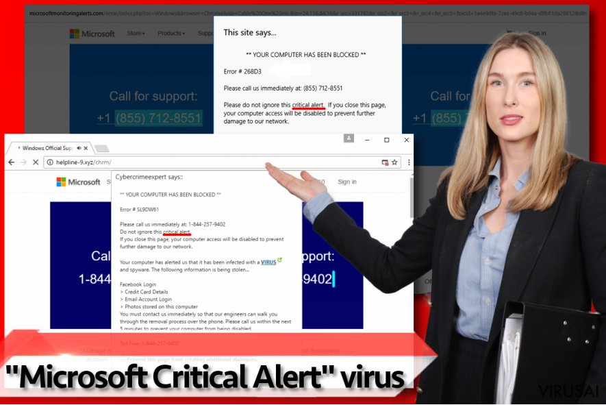 "Microsoft Critical Alert" viruso pavyzdžiai