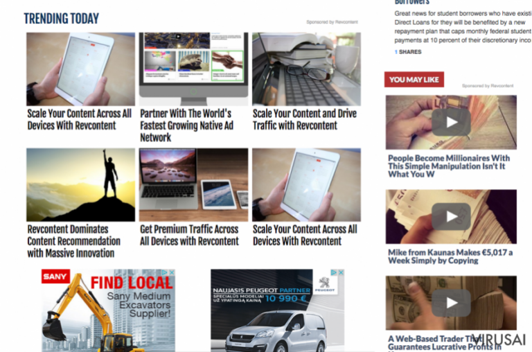 RevContent reklaminiai pranešimai trečiųjų šalių tinklalapiuose.