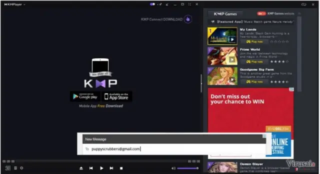 KMPlayer programa ir pateikiamų reklamų pavyzdys