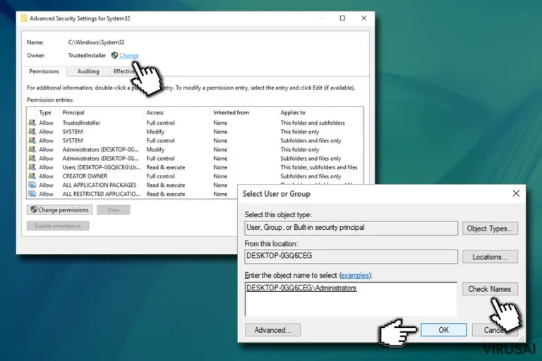 Pasirinkite TrustedInstaller grupę
