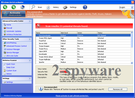 Windows Antivirus Master ekrano nuotrauka Windows Antivirus Master ekrano nuotrauka