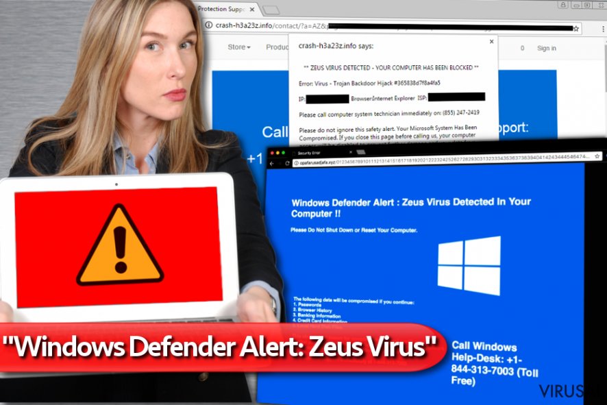 "Windows Defender Alert: Zeus Virus” apgaulingi perspėjimai