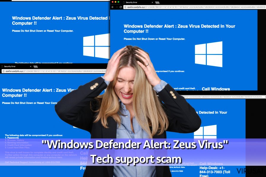 "Windows Defender Alert: Zeus Virus” viruso iliustracija "Windows Defender Alert: Zeus Virus” viruso iliustracija