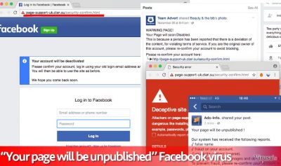 „Your page will be unpublished“ Facebook virusas
